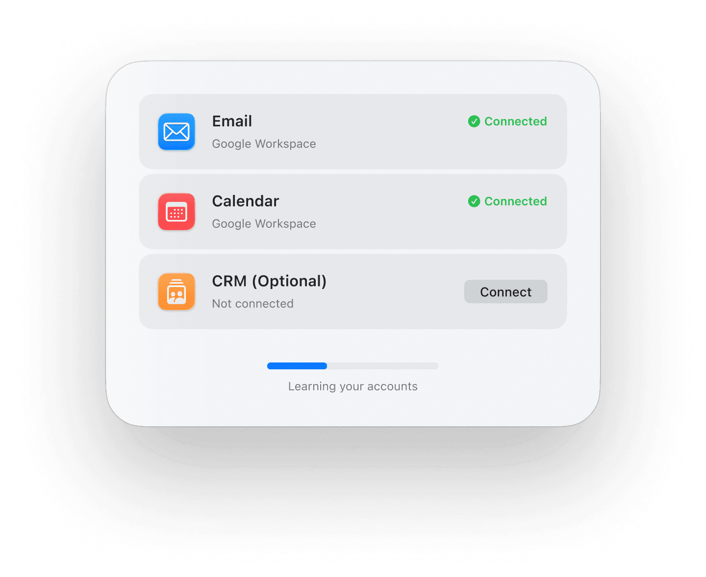 A screen showing Traction has connected to Email, Calendar, and CRM systems and is actively learning customer accounts using this information.